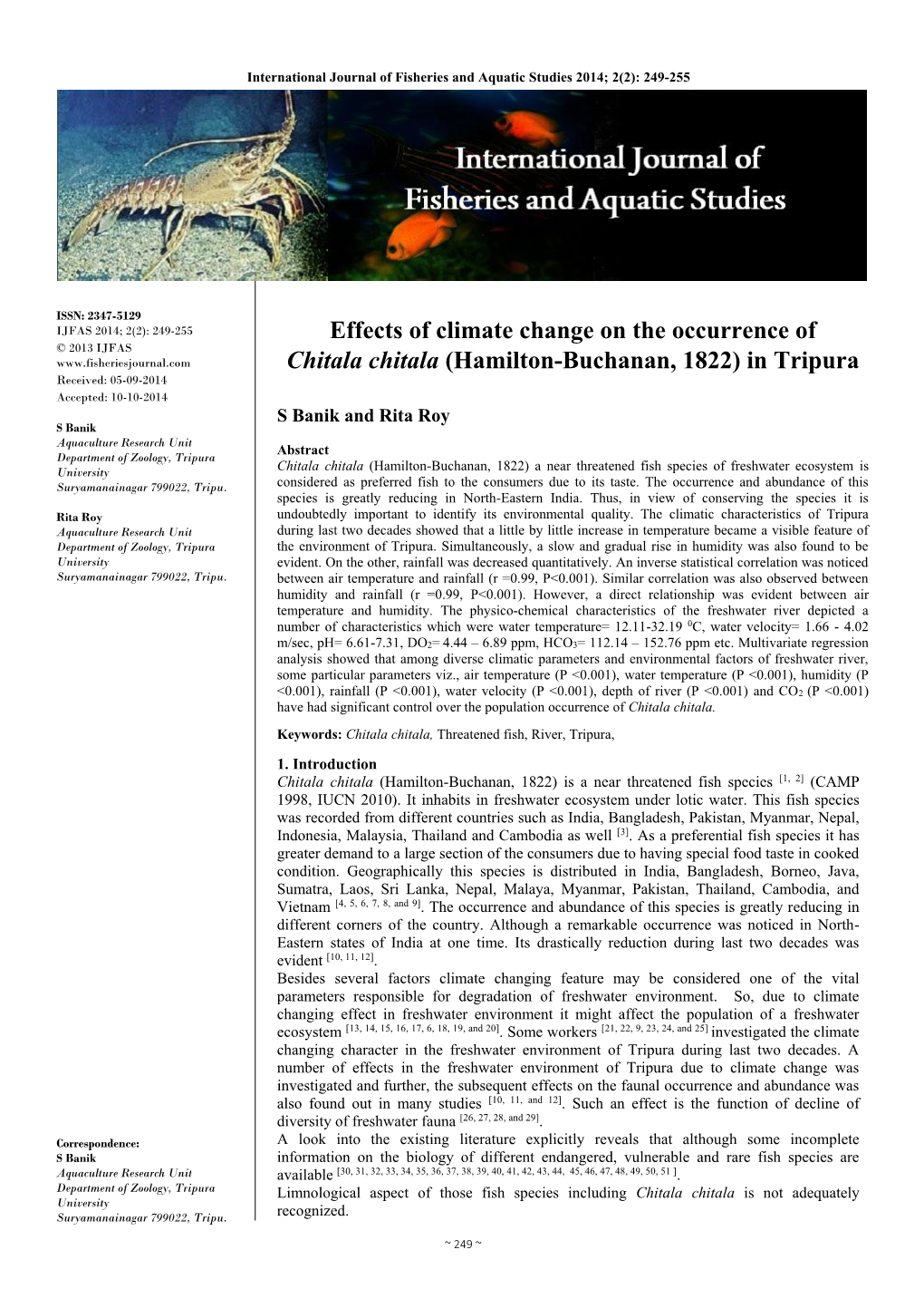 Effects of Climate Change on the Occurrence of Chitala Chitala