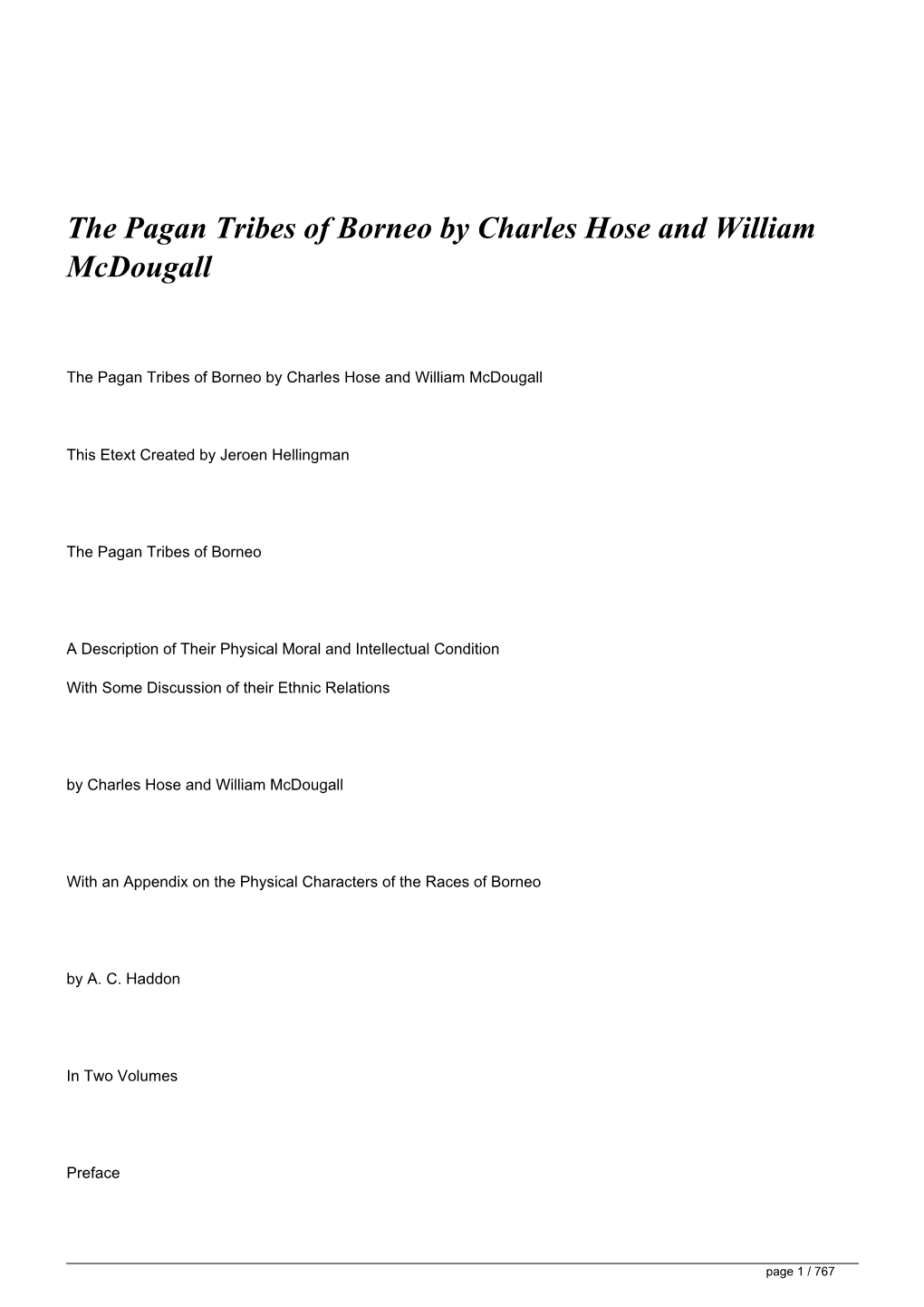 The Pagan Tribes of Borneo by Charles Hose and William Mcdougall