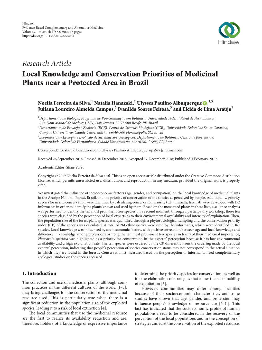 Research Article Local Knowledge and Conservation Priorities of Medicinal Plants Near a Protected Area in Brazil