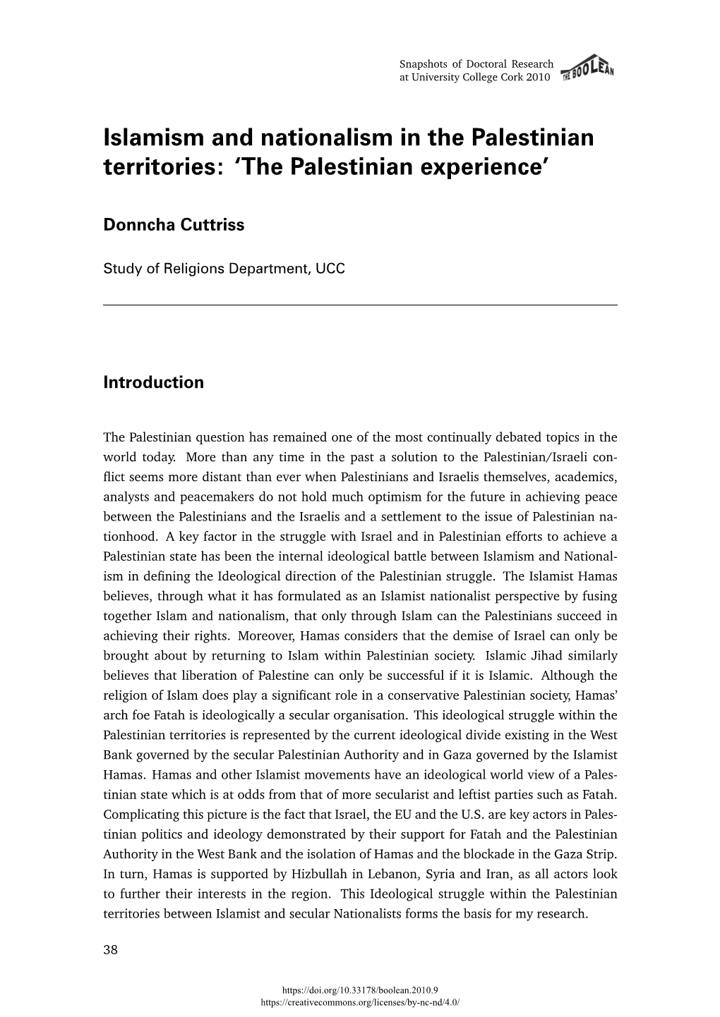 Islamism and Nationalism in the Palestinian Territories: 'The