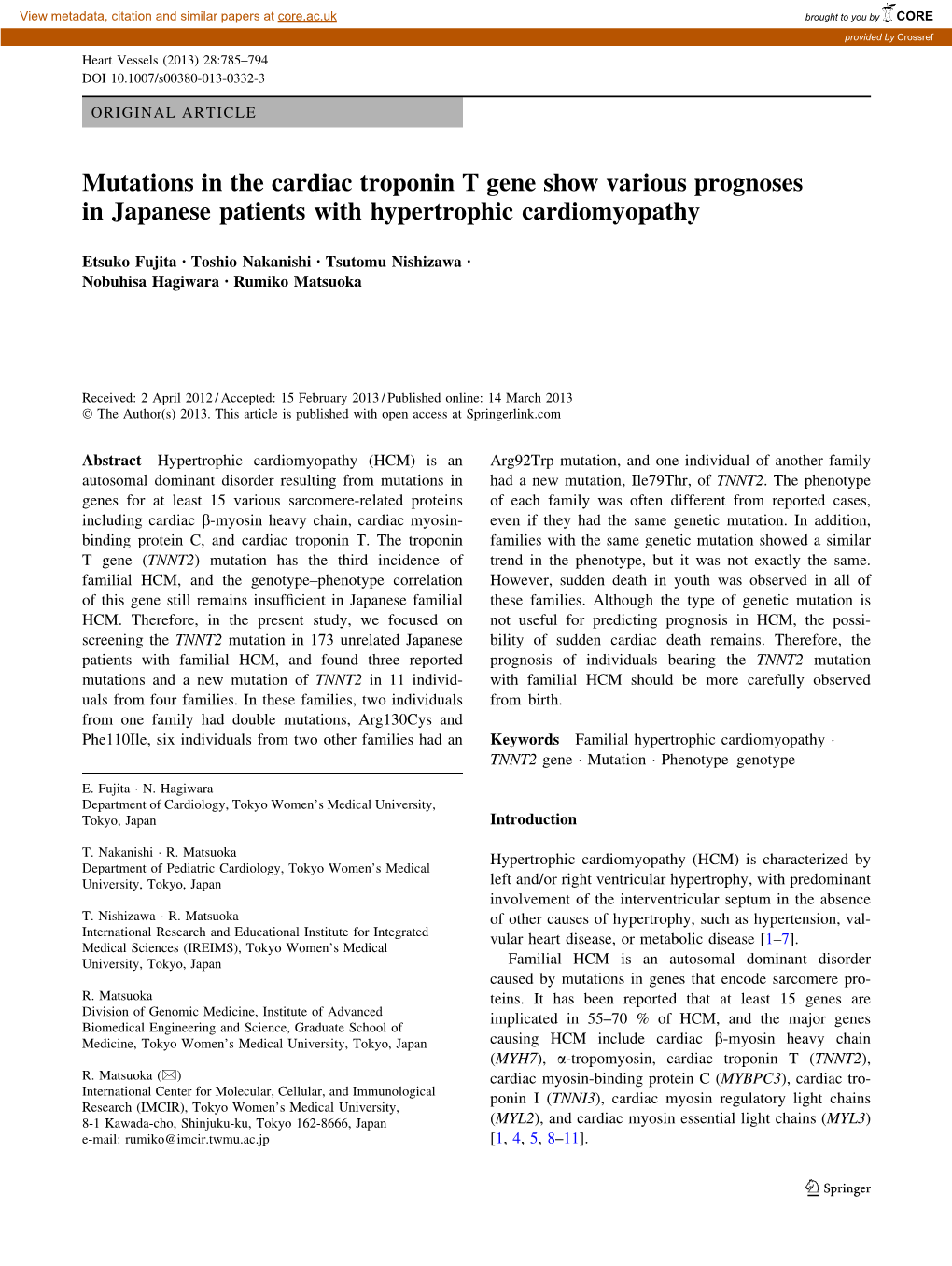 Mutations in the Cardiac Troponin T Gene Show Various Prognoses in Japanese Patients with Hypertrophic Cardiomyopathy