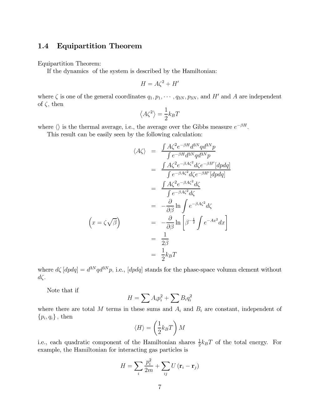 1.4 Equipartition Theorem