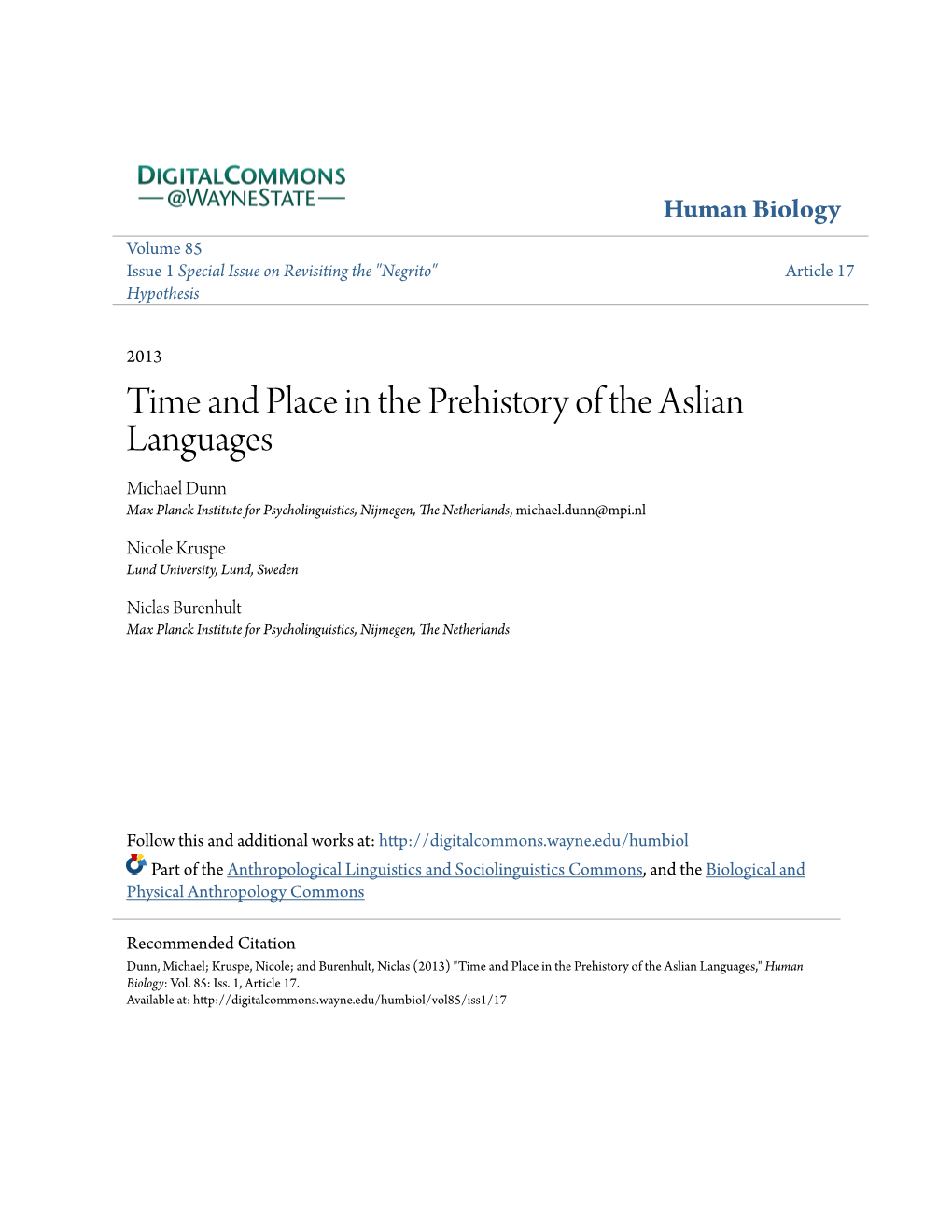 Time and Place in the Prehistory of the Aslian Languages Dunn, Michael