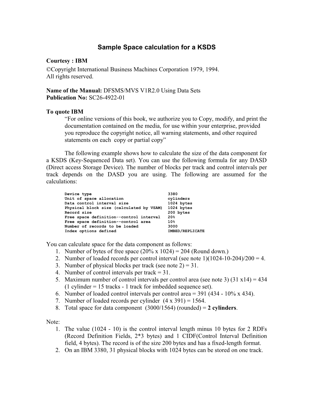 Sample Space Calculation for a KSDS