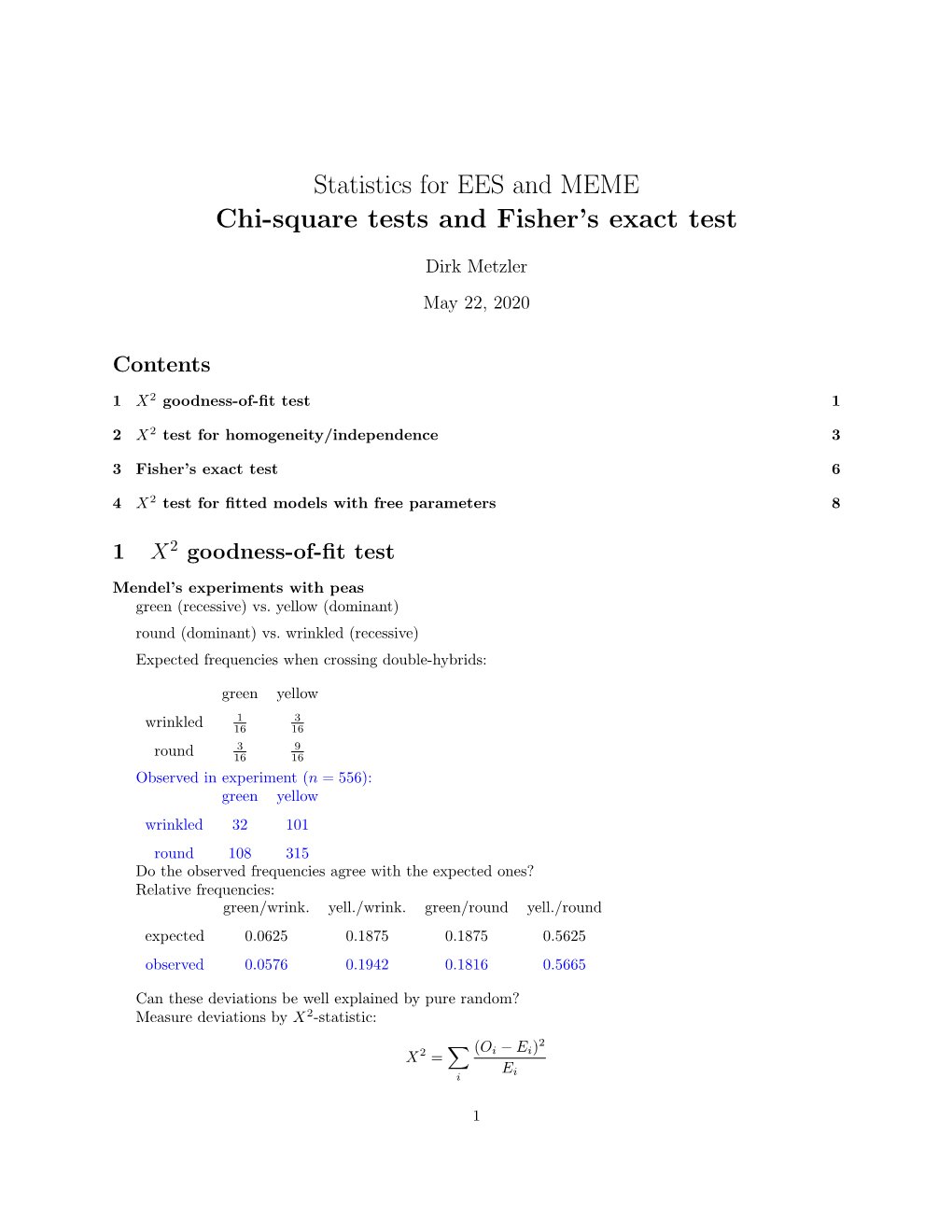 Statistics for EES and MEME Chi-Square Tests and Fisher's Exact