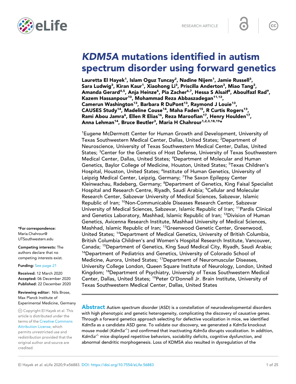 KDM5A Mutations Identified in Autism Spectrum Disorder Using Forward