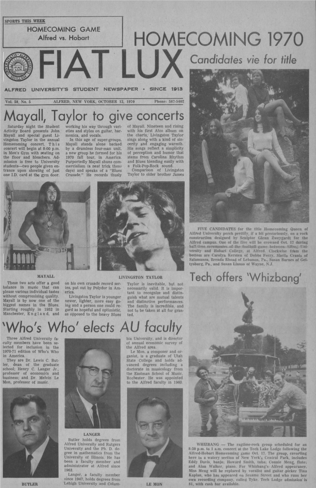 HOMECOMING 1970 FIAT LUX Candidates Vie for Title ALFRED UNIVERSITY's STUDENT NEWSPAPER - SINCE 1913 Sél J