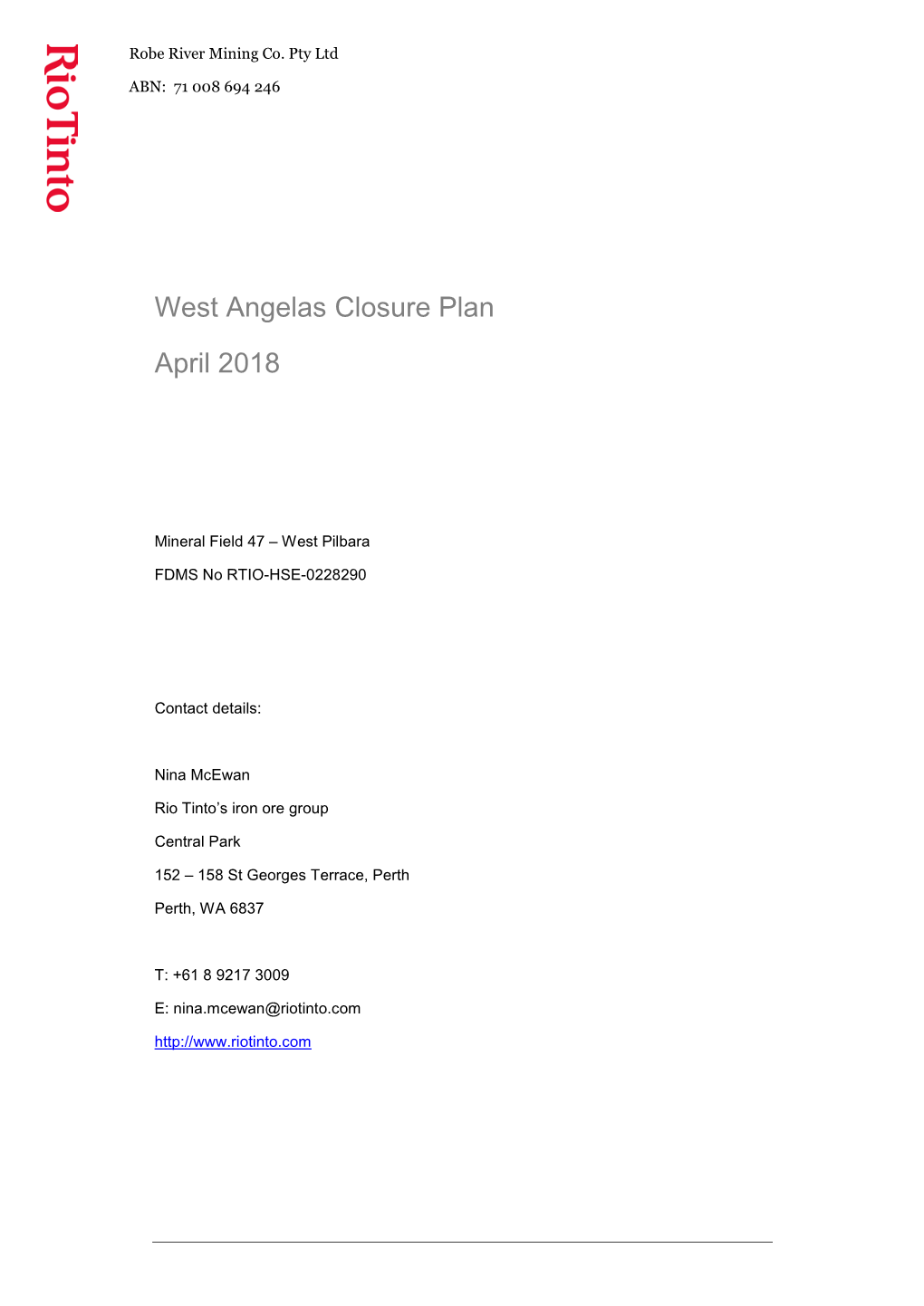 West Angelas Closure Plan April 2018