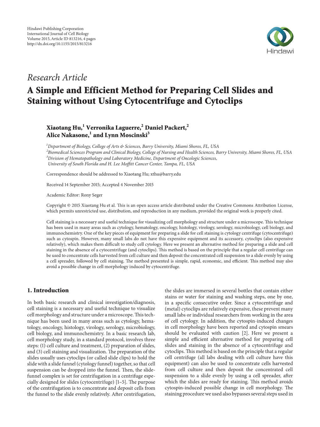 A Simple and Efficient Method for Preparing Cell Slides and Staining Without Using Cytocentrifuge and Cytoclips