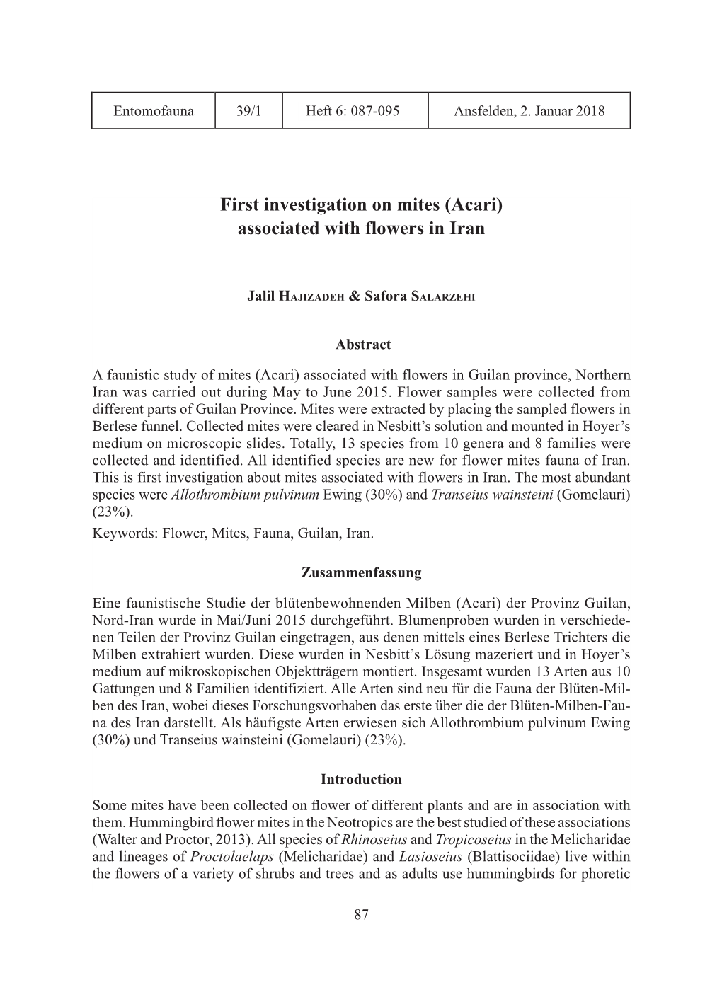 Titelüberschrift Xxx Xxx First Investigation on Mites (Acari