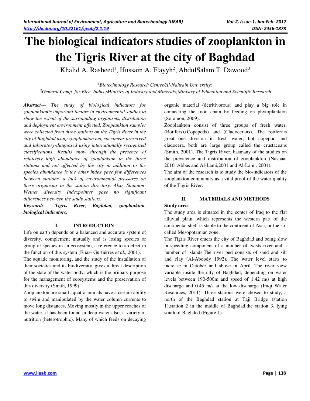 The Biological Indicators Studies of Zooplankton in the Tigris River at the City of Baghdad Khalid A