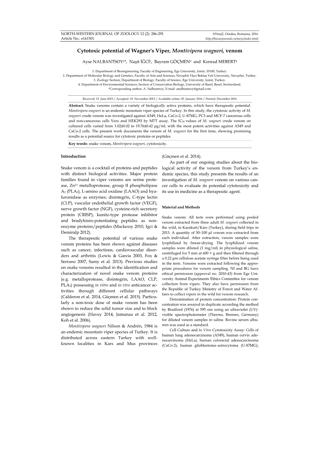 Cytotoxic Potential of Wagner's Viper, Montivipera Wagneri, Venom