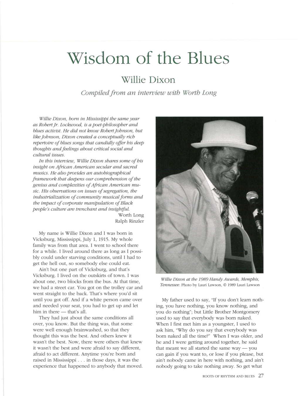 Wisdom of the Blues Willie Dixon Compiled from an Interview with Worth Long