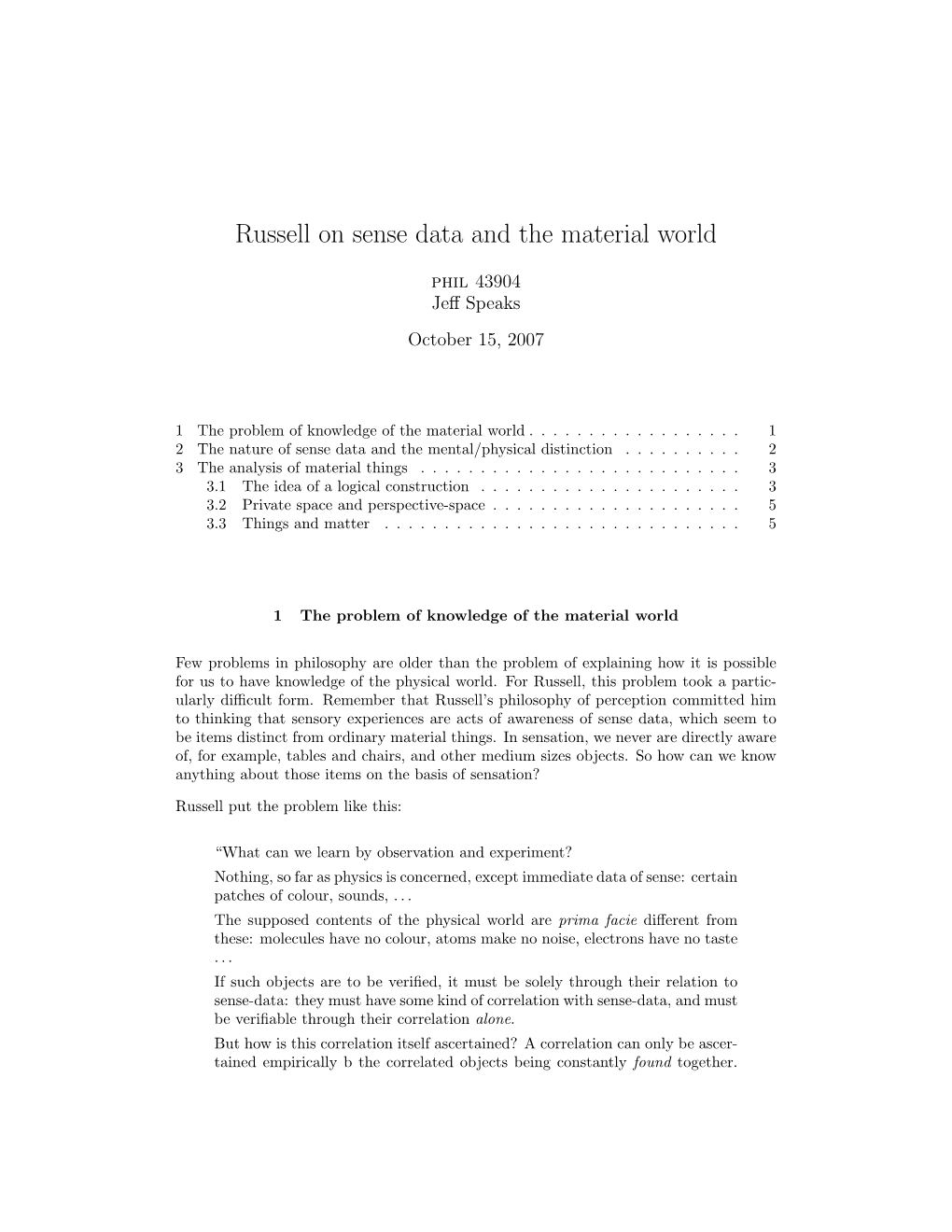 Russell on Sense Data and the Material World