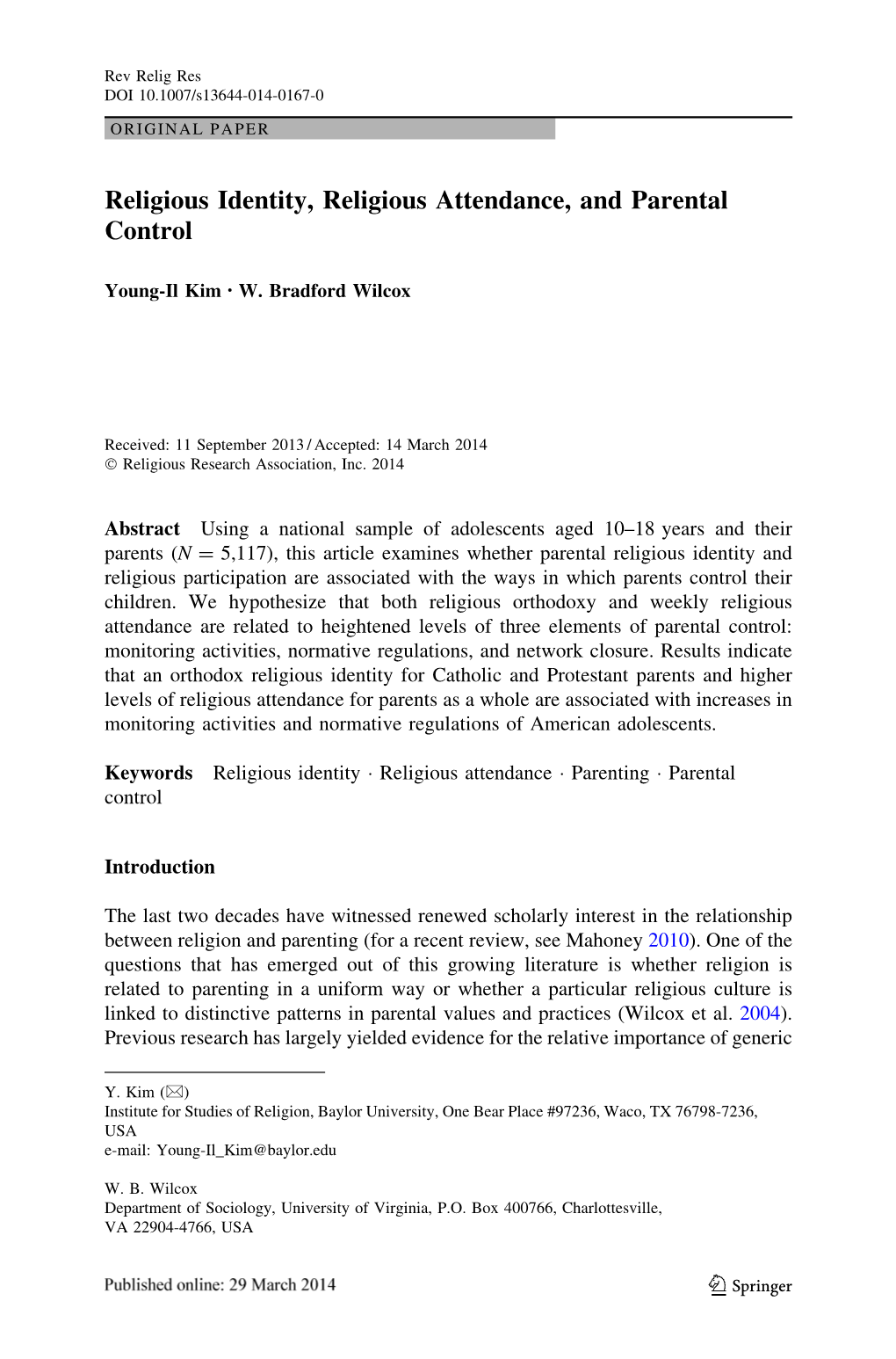 Religious Identity, Religious Attendance, and Parental Control