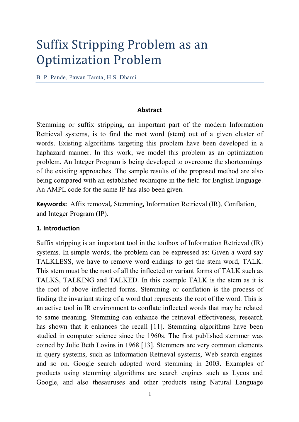 Suffix Stripping Problem As an Optimization Problem