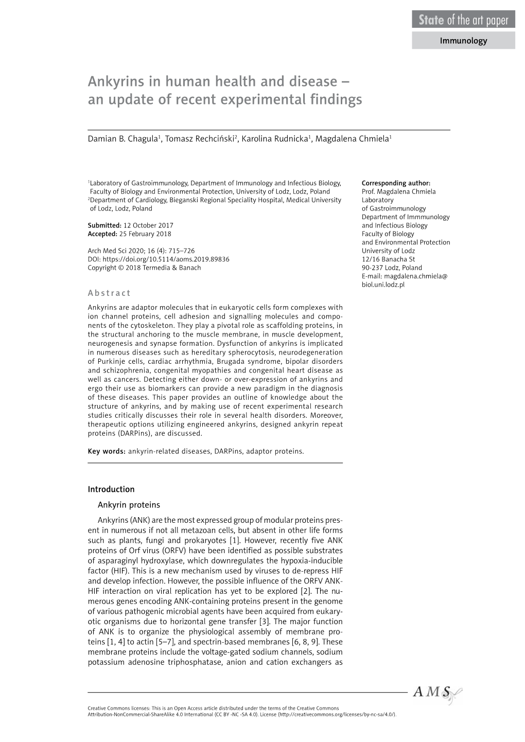 Ankyrins in Human Health and Disease – an Update of Recent Experimental Findings