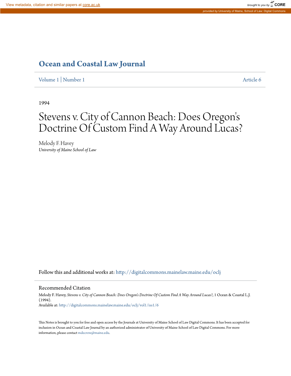 Stevens V. City of Cannon Beach: Does Oregon's Doctrine of Custom Find a Way Around Lucas? Melody F