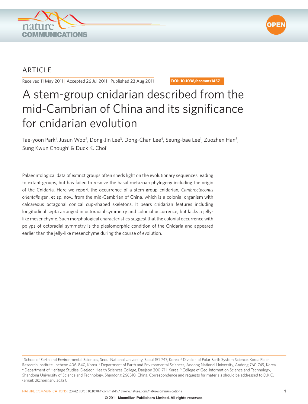 A Stem-Group Cnidarian Described from the Mid-Cambrian of China and Its Significance for Cnidarian Evolution