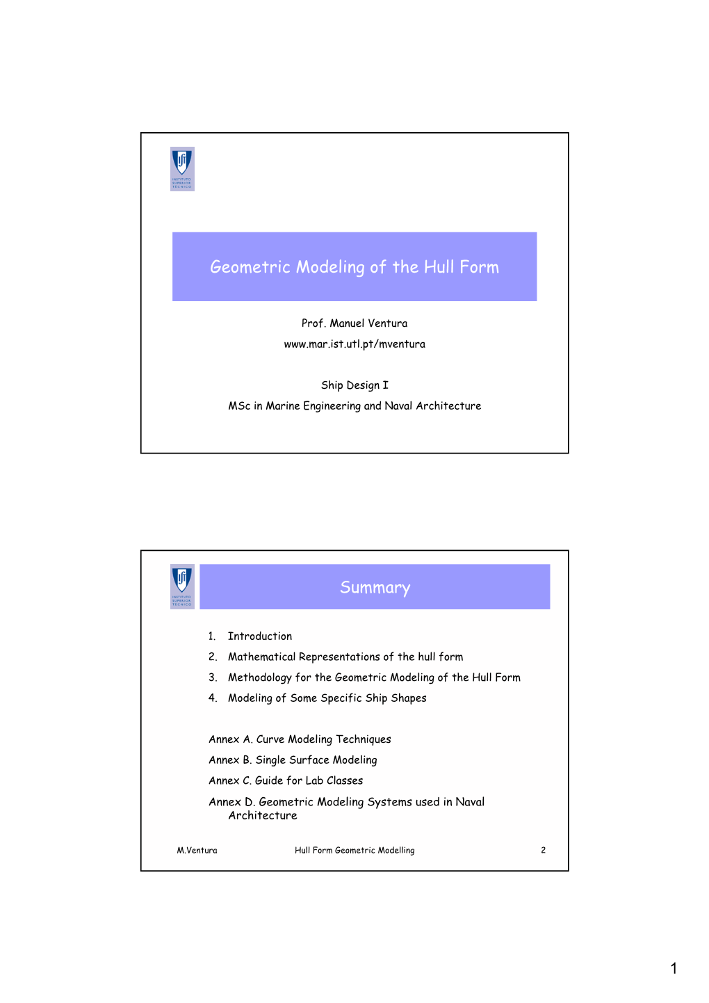 Geometric Modeling of the Hull Form Summary