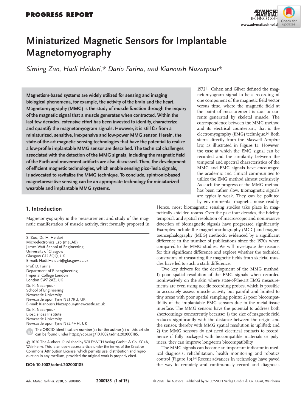 Miniaturized Magnetic Sensors for Implantable Magnetomyography