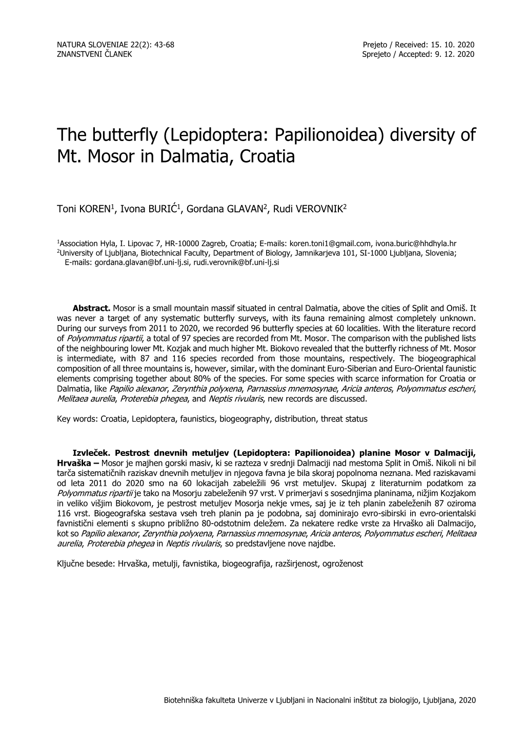 (Lepidoptera: Papilionoidea) Diversity of Mt. Mosor in Dalmatia, Croatia
