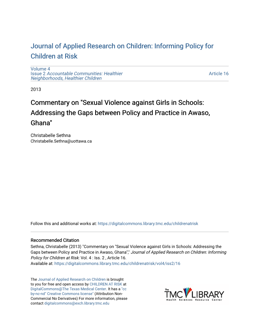 Sexual Violence Against Girls in Schools: Addressing the Gaps Between Policy and Practice in Awaso, Ghana