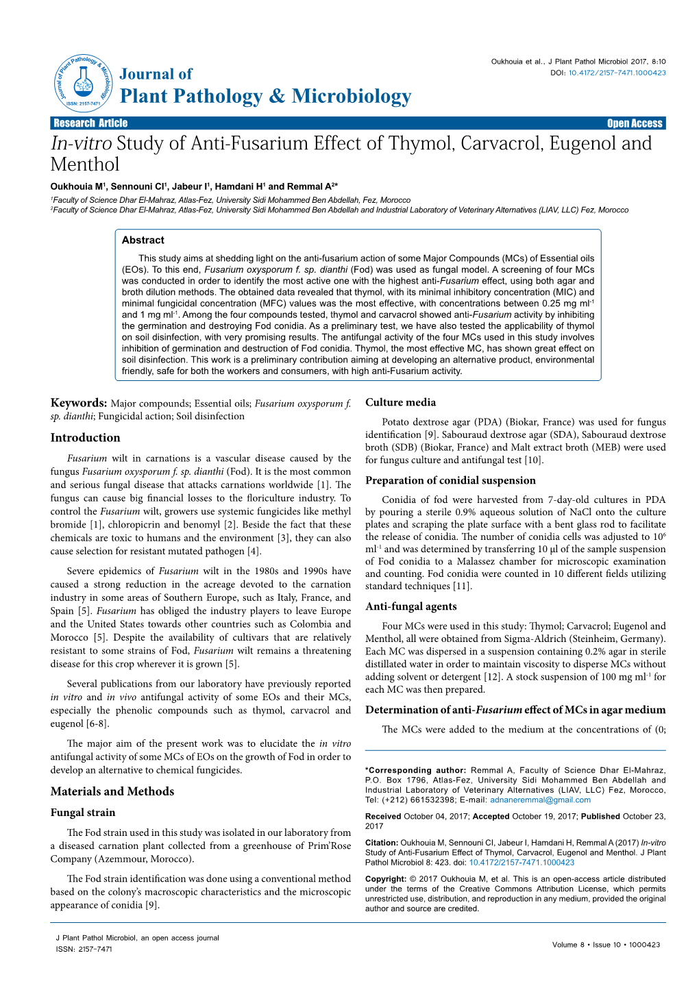 In-Vitro Study of Anti-Fusarium Effect of Thymol, Carvacrol, Eugenol And