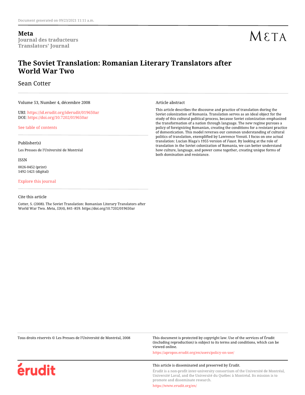 The Soviet Translation: Romanian Literary Translators After World War Two Sean Cotter