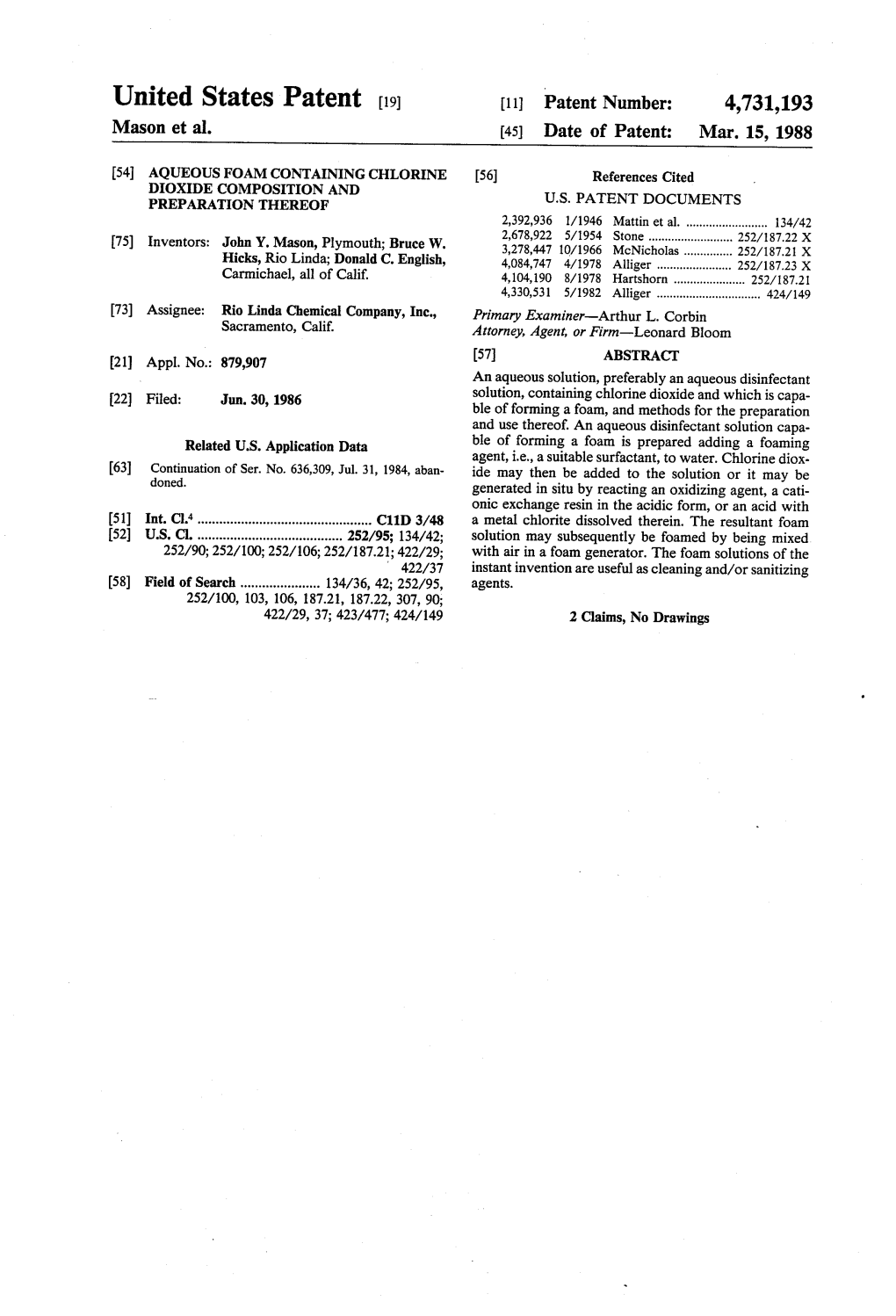 United States Patent (19) 11 Patent Number: 4,731,193 Mason Et Al