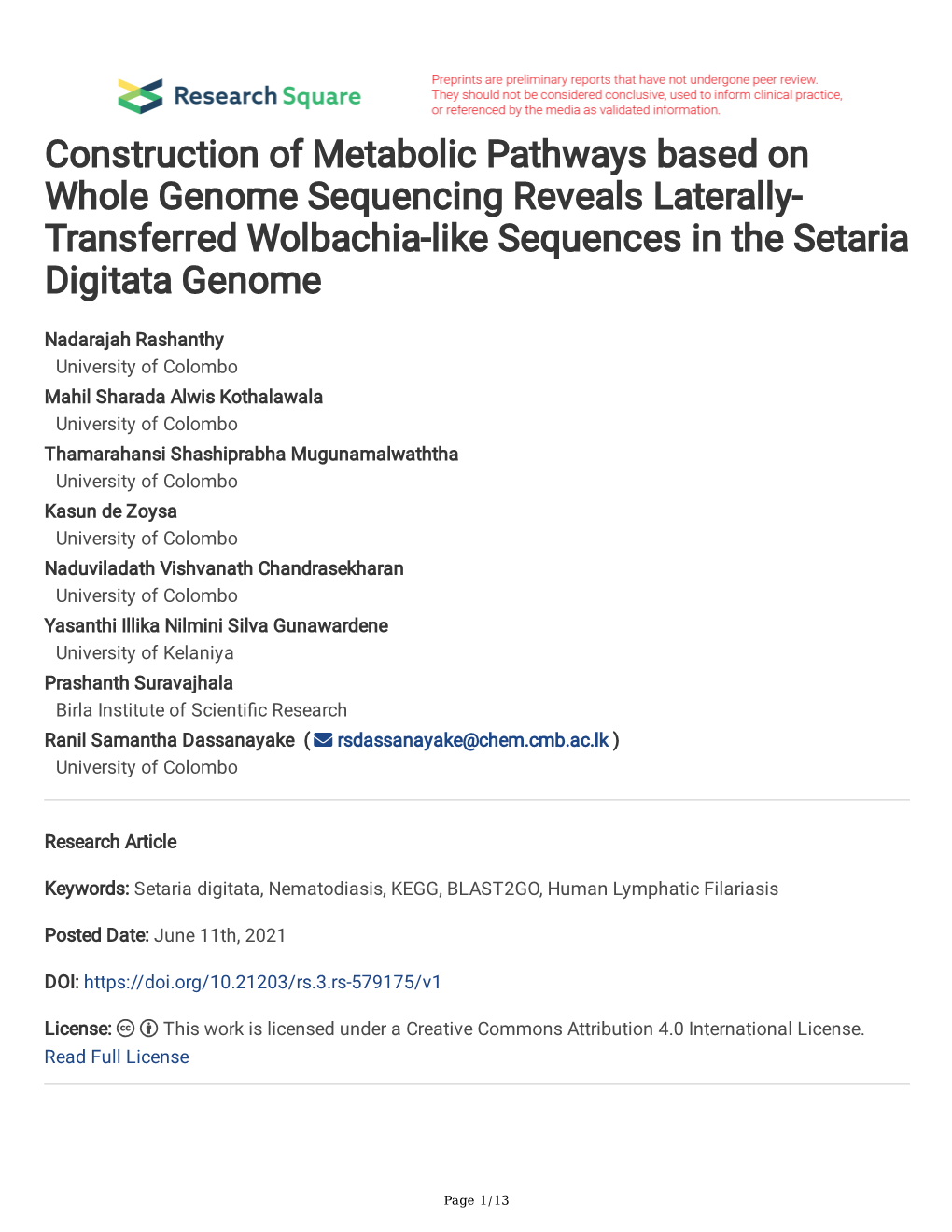 Construction of Metabolic Pathways Based on Whole Genome Sequencing Reveals Laterally- Transferred Wolbachia-Like Sequences in the Setaria Digitata Genome