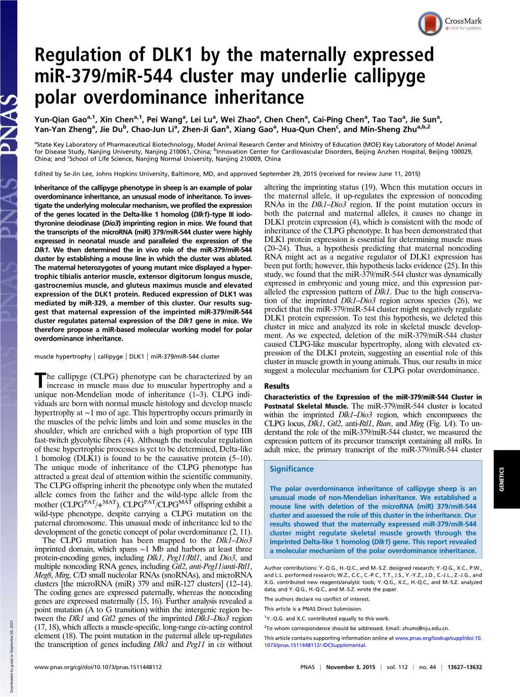 Regulation of DLK1 by the Maternally Expressed Mir-379/Mir-544 Cluster May Underlie Callipyge Polar Overdominance Inheritance