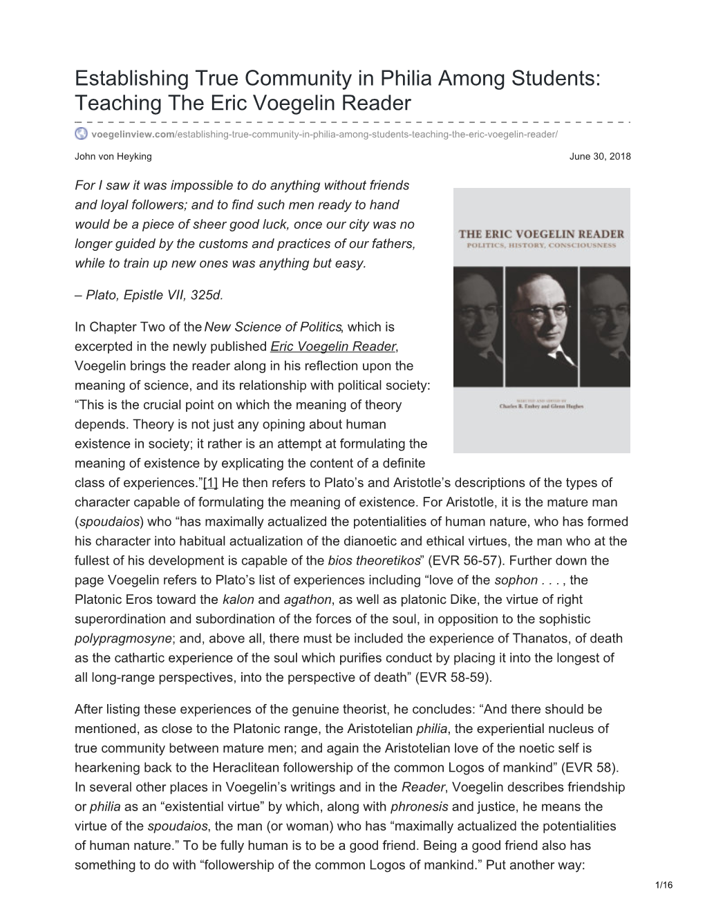 Establishing True Community in Philia Among Students: Teaching the Eric Voegelin Reader