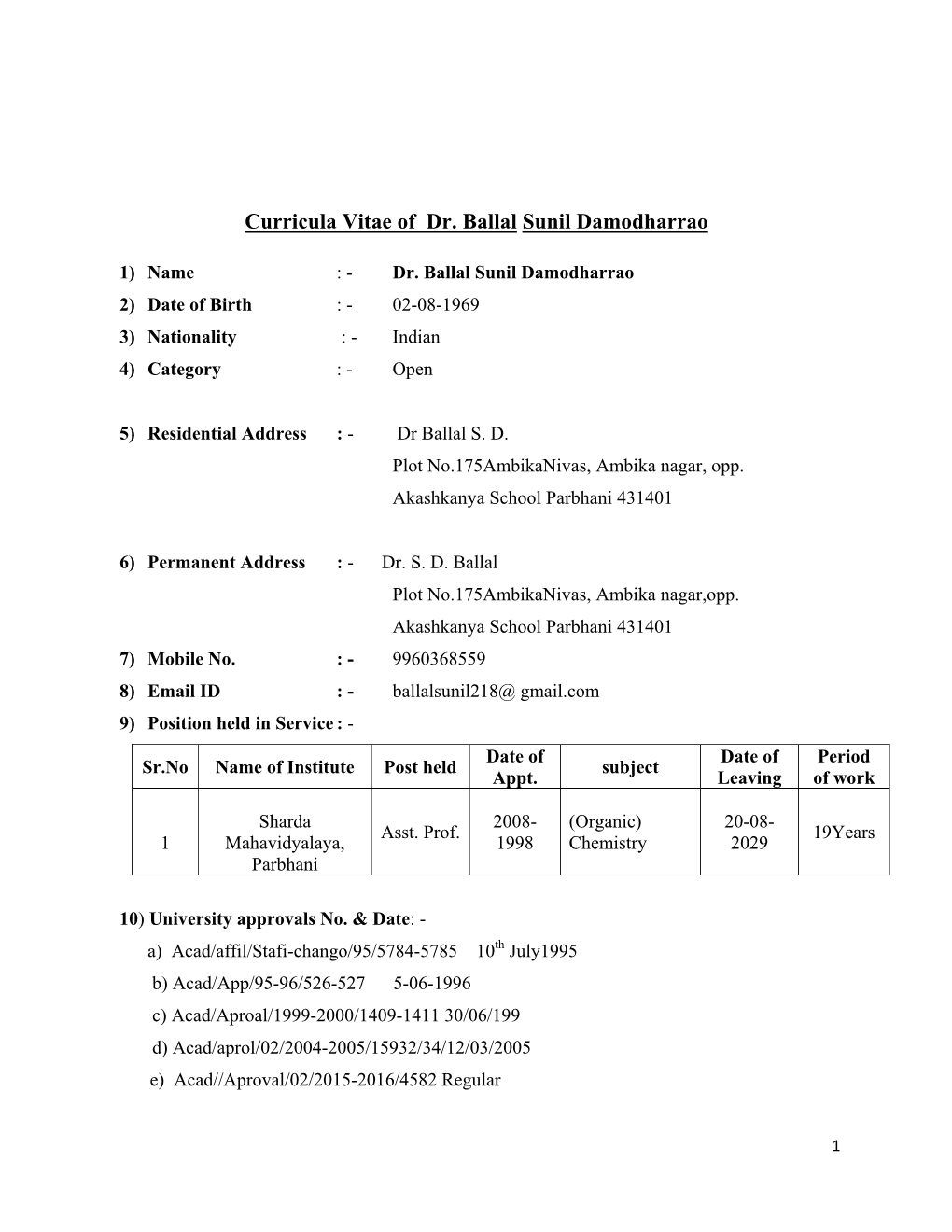 Curricula Vitae of Dr. Ballal Sunil Damodharrao