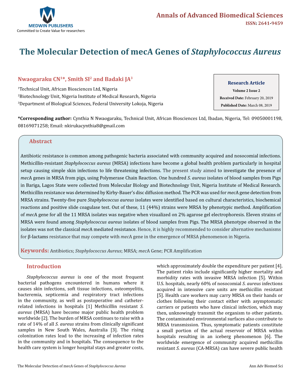 The Molecular Detection of Meca Genes of Staphylococcus Aureus