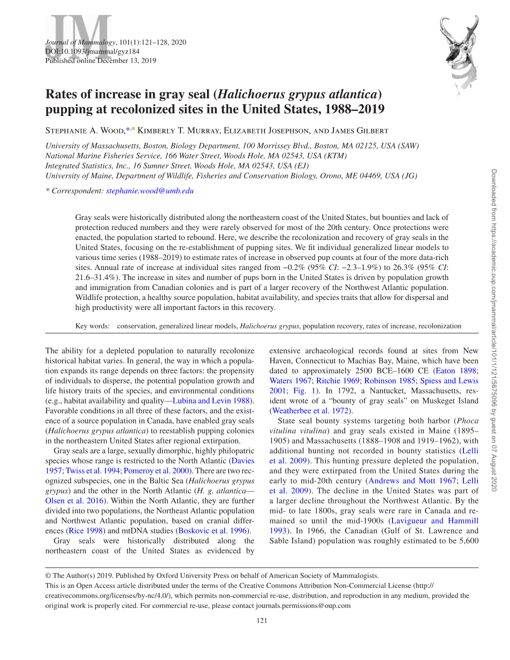 Halichoerus Grypus Atlantica) Pupping at Recolonized Sites in the United States, 1988–2019