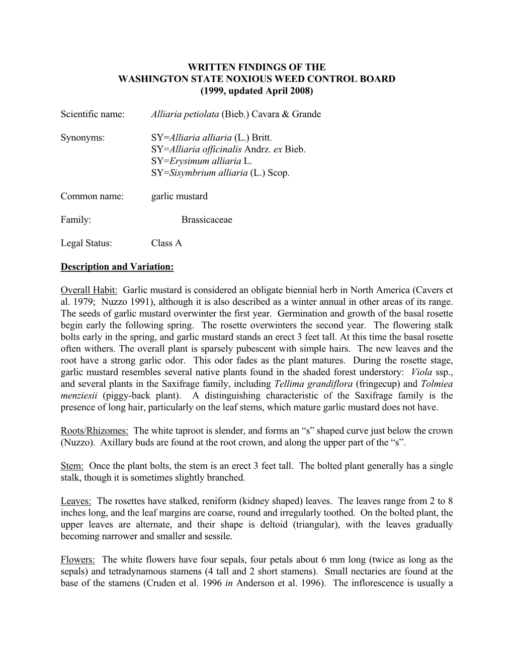 WRITTEN FINDINGS of the WASHINGTON STATE NOXIOUS WEED CONTROL BOARD (1999, Updated April 2008)