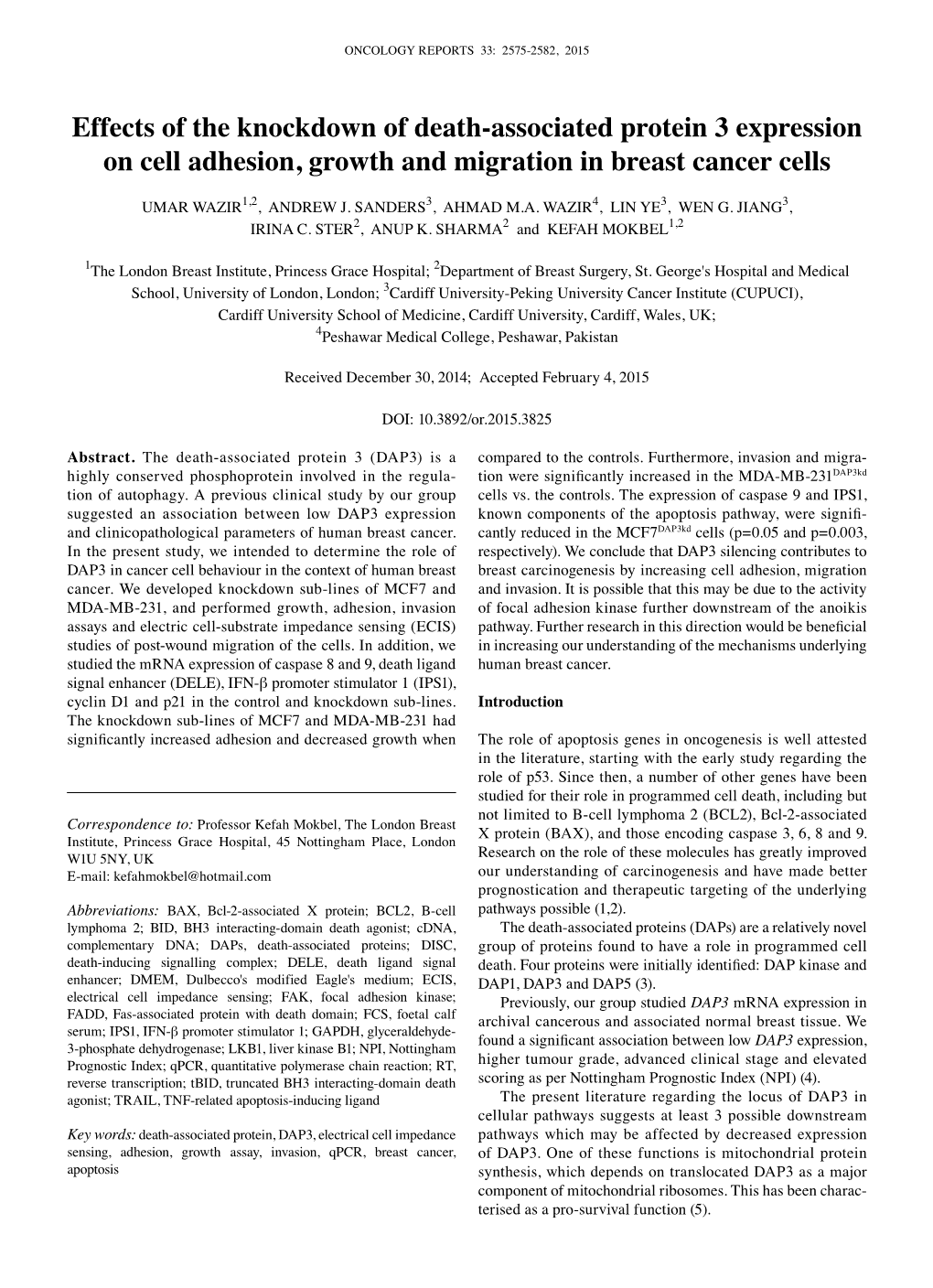 Effects of the Knockdown of Death-Associated Protein 3 Expression on Cell Adhesion, Growth and Migration in Breast Cancer Cells