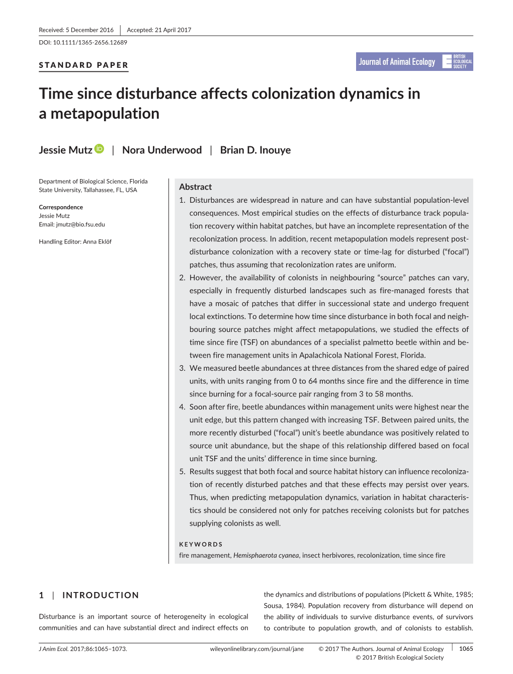 Time Since Disturbance Affects Colonization Dynamics in a Metapopulation
