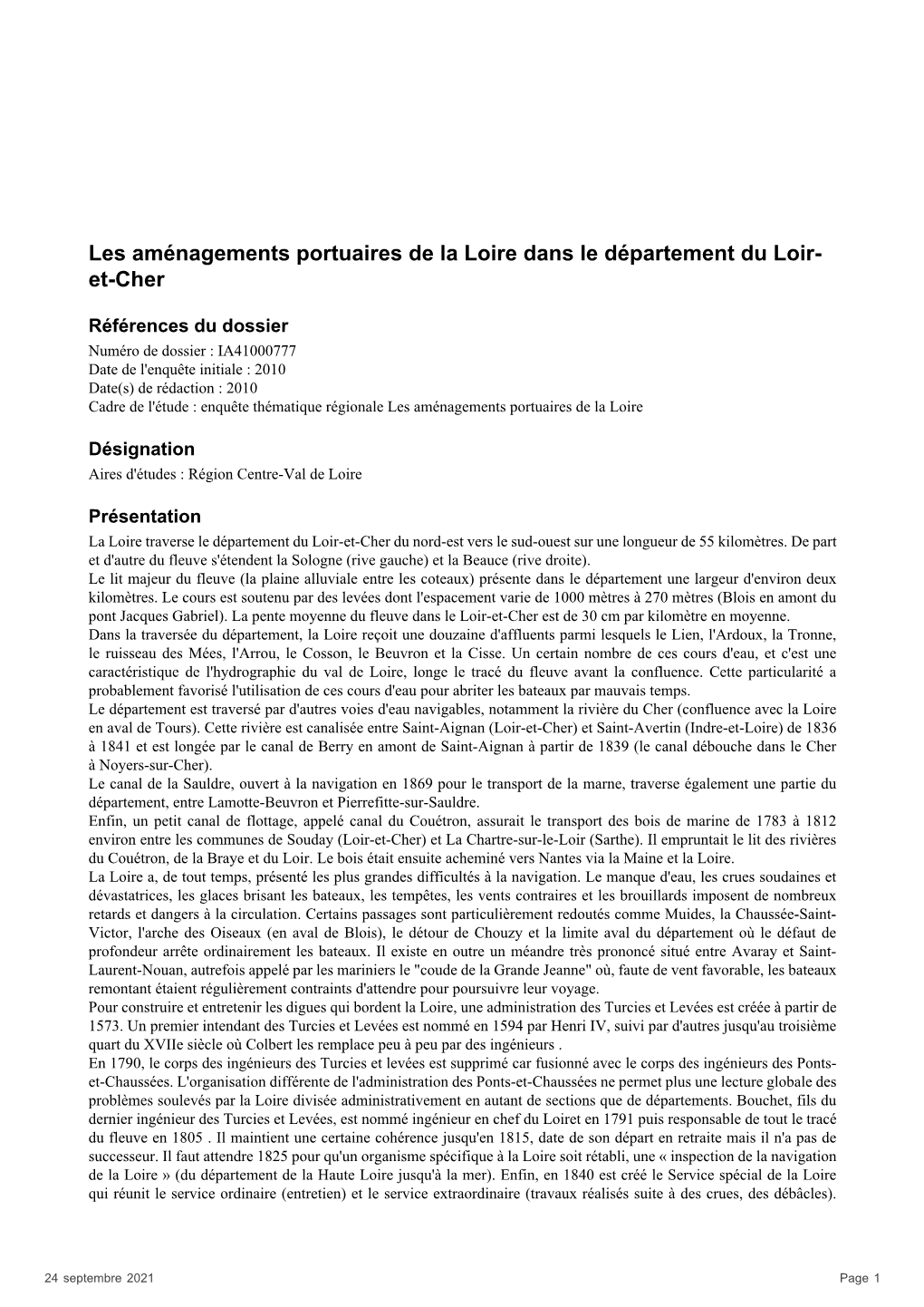 Les Aménagements Portuaires De La Loire Dans Le Département Du Loir- Et-Cher