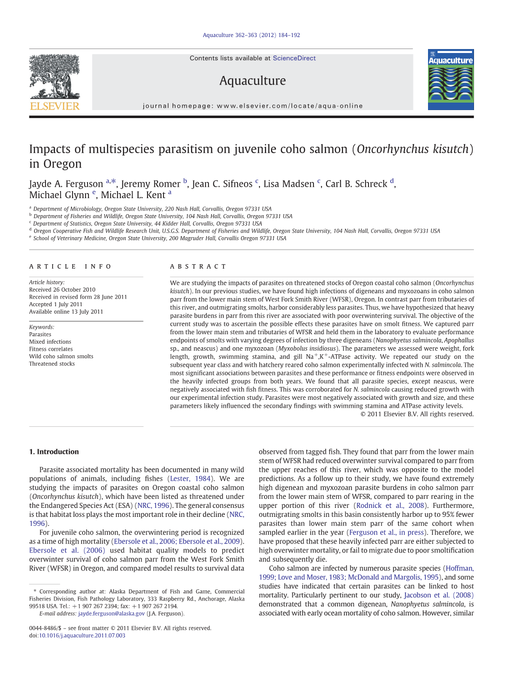 Impacts of Multispecies Parasitism on Juvenile Coho Salmon (Oncorhynchus Kisutch) in Oregon