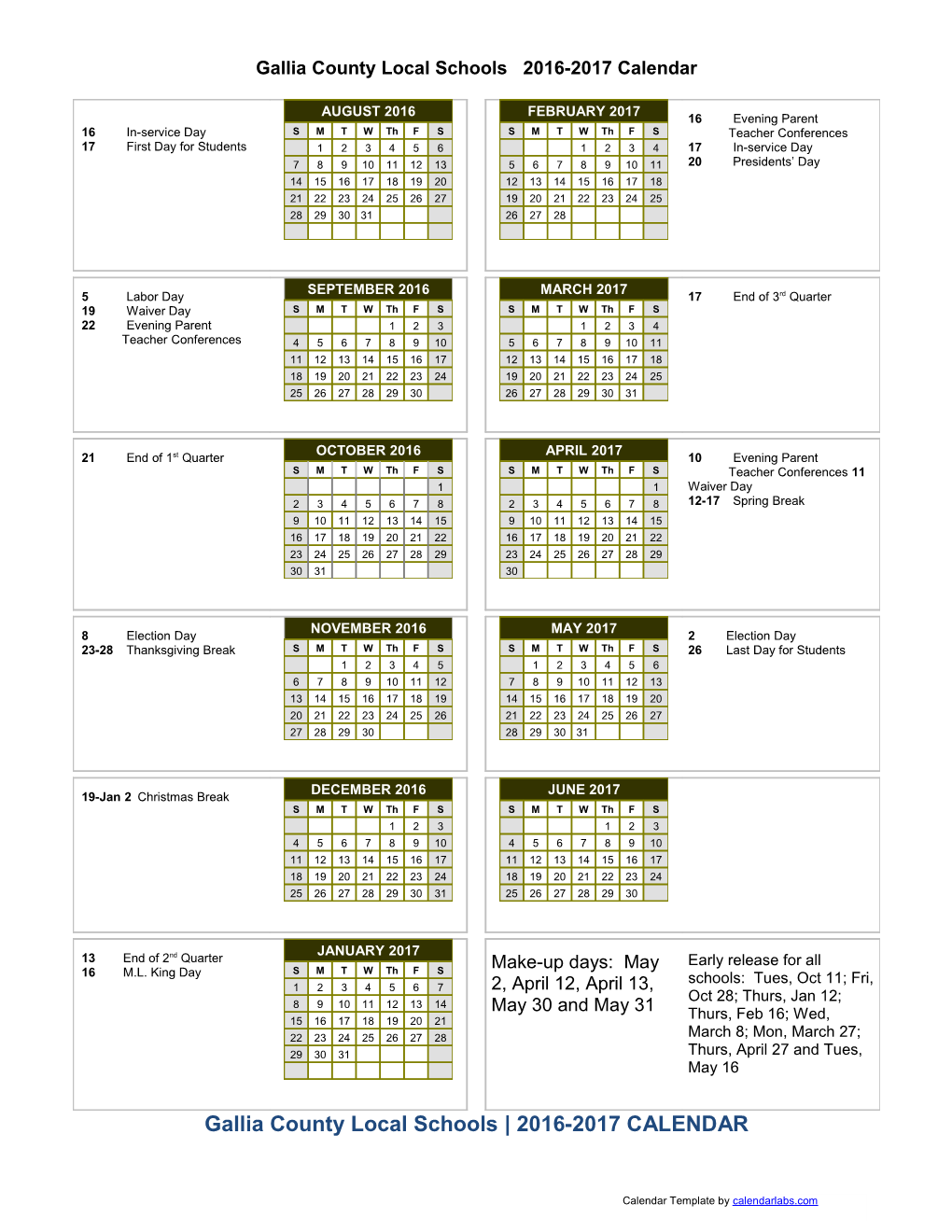 Gallia County Local Schools 2016-2017 Calendar