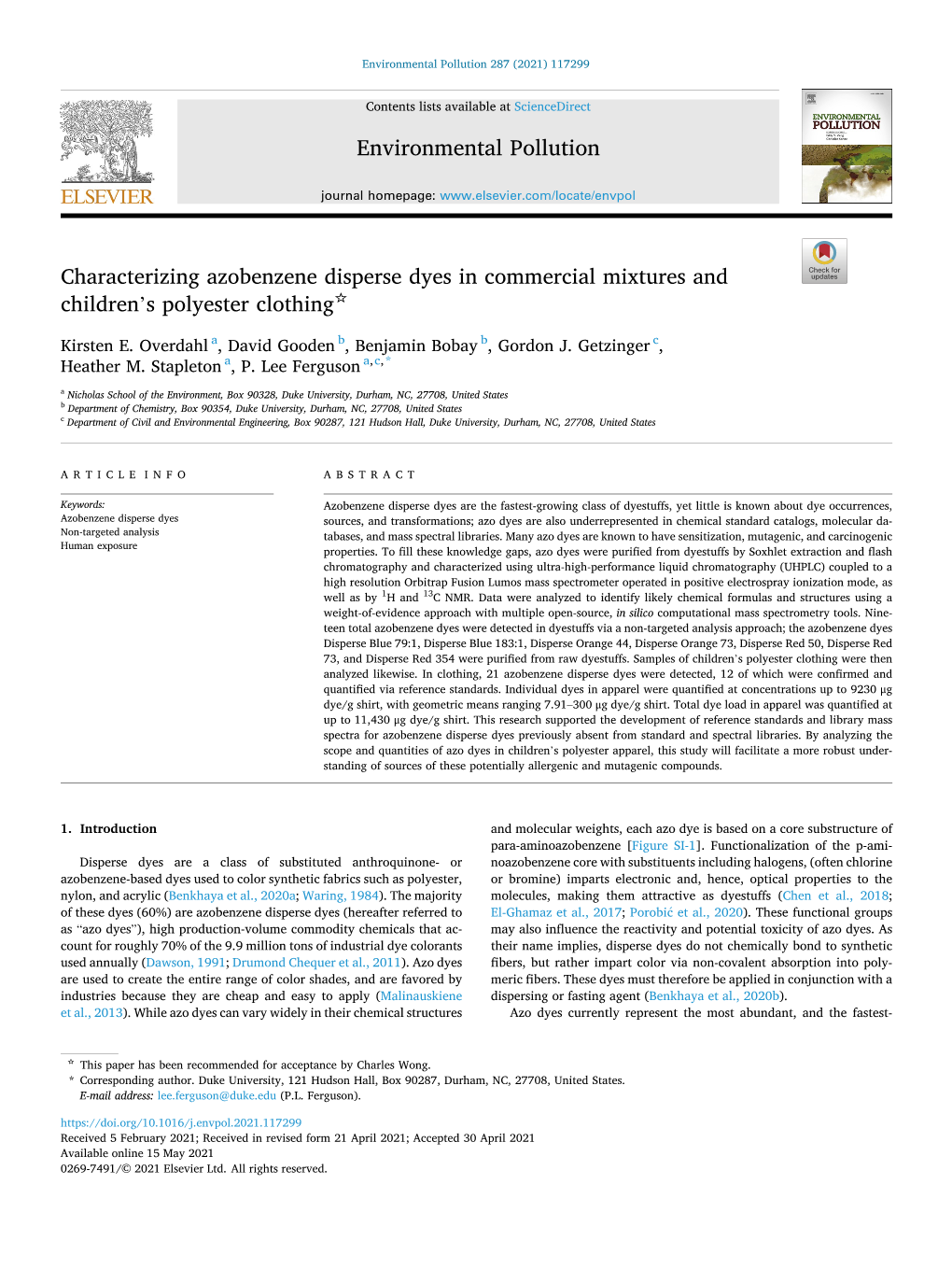 Characterizing Azobenzene Disperse Dyes in Commercial Mixtures and ☆ Children’S Polyester Clothing