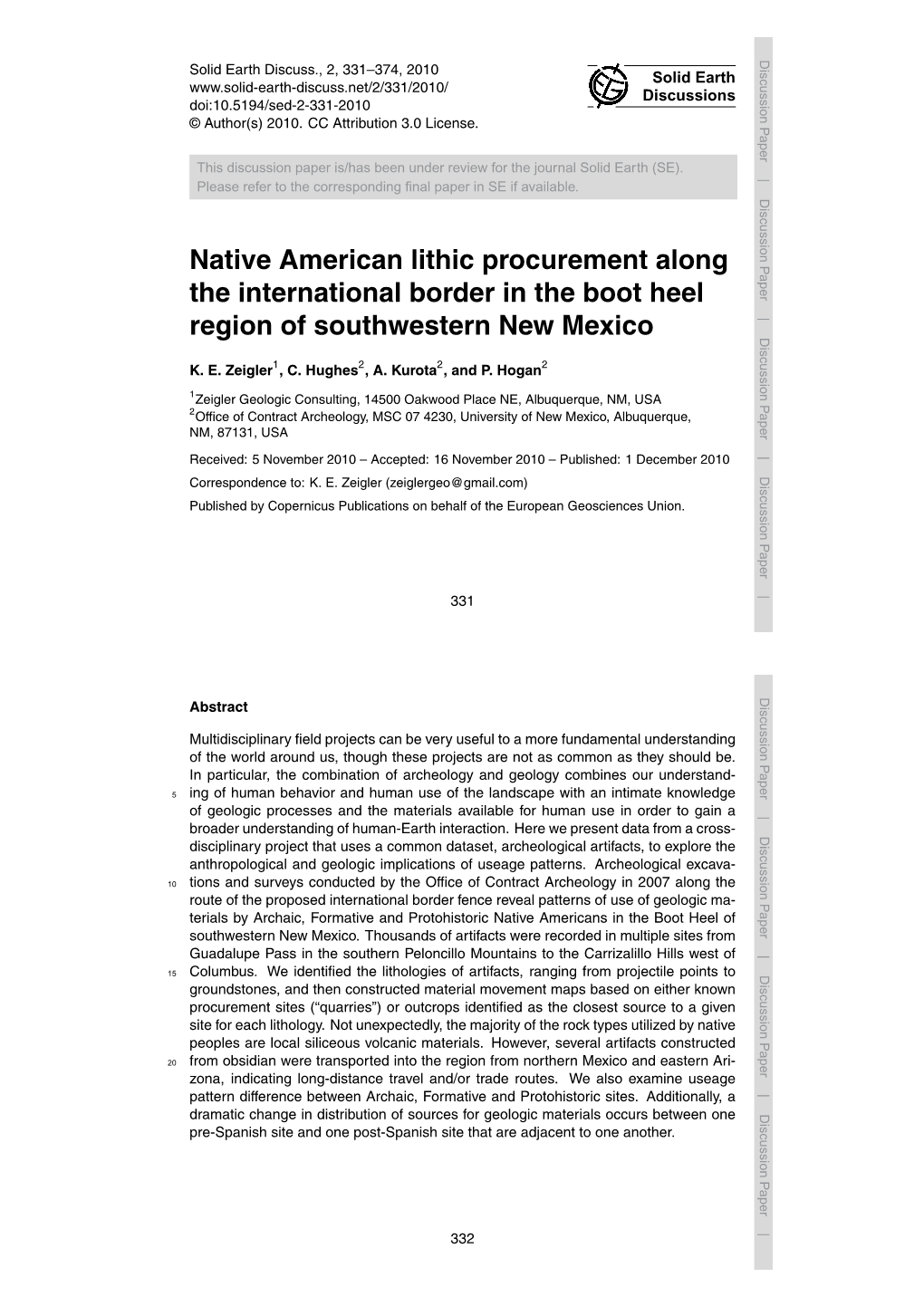 Native American Lithic Procurement Along the International Border in Theregion Boot of Heel Southwestern New Mexico K