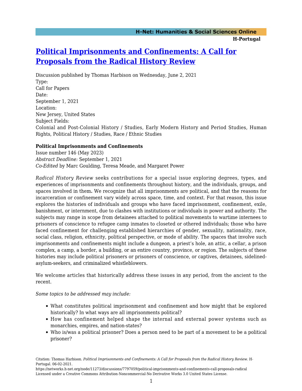 Political Imprisonments and Confinements: a Call for Proposals from the Radical History Review