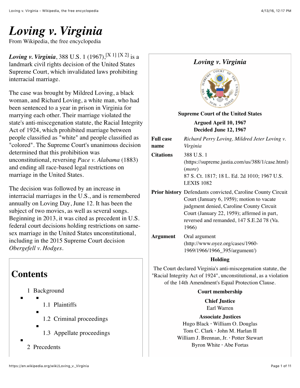 Loving V. Virginia - Wikipedia, the Free Encyclopedia 4/13/16, 12:17 PM