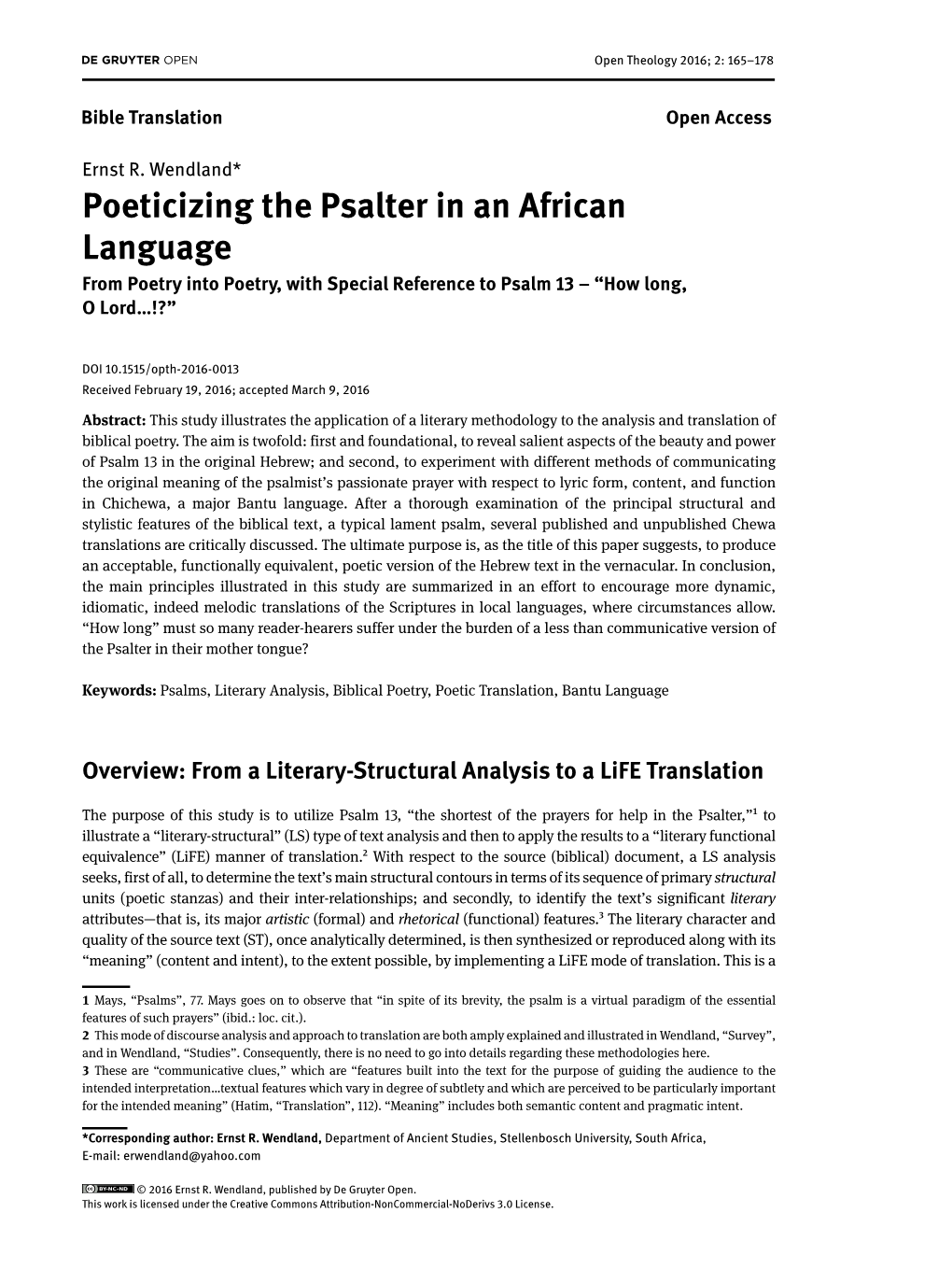 Poeticizing the Psalter in an African Language from Poetry Into Poetry, with Special Reference to Psalm 13 – “How Long, O Lord…!?”