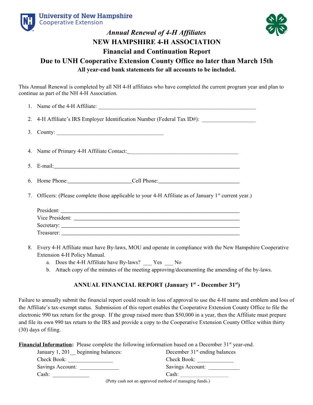 NH 4-H Association: Financial Reporting for Affiliates