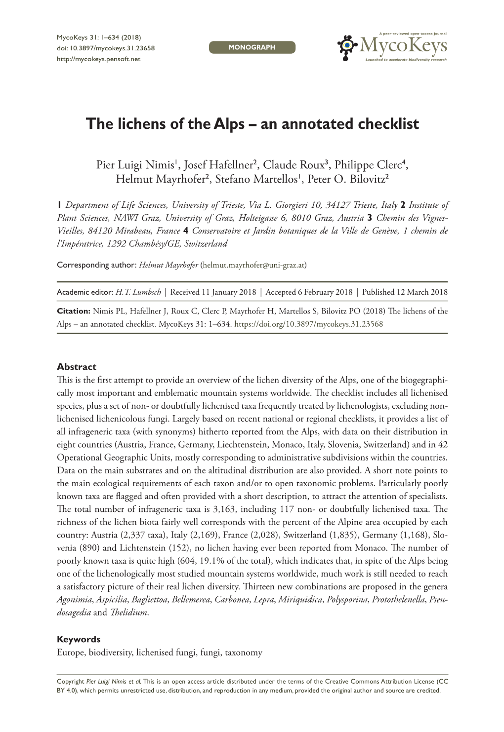 The Lichens of the Alps – an Annotated Checklist