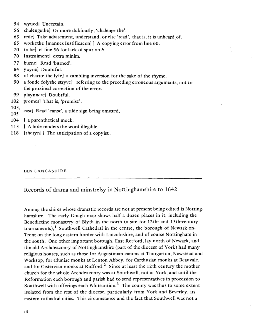 Records of Drama and Minstrelsy in Nottinghamshire to 1642